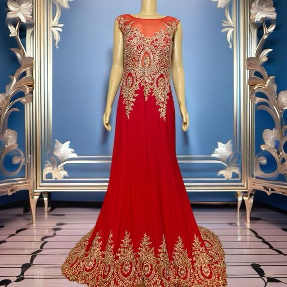 Plus Size Red & Gold Mermaid Maxi Gown With Train Size 2XL - Picture 1 of 12